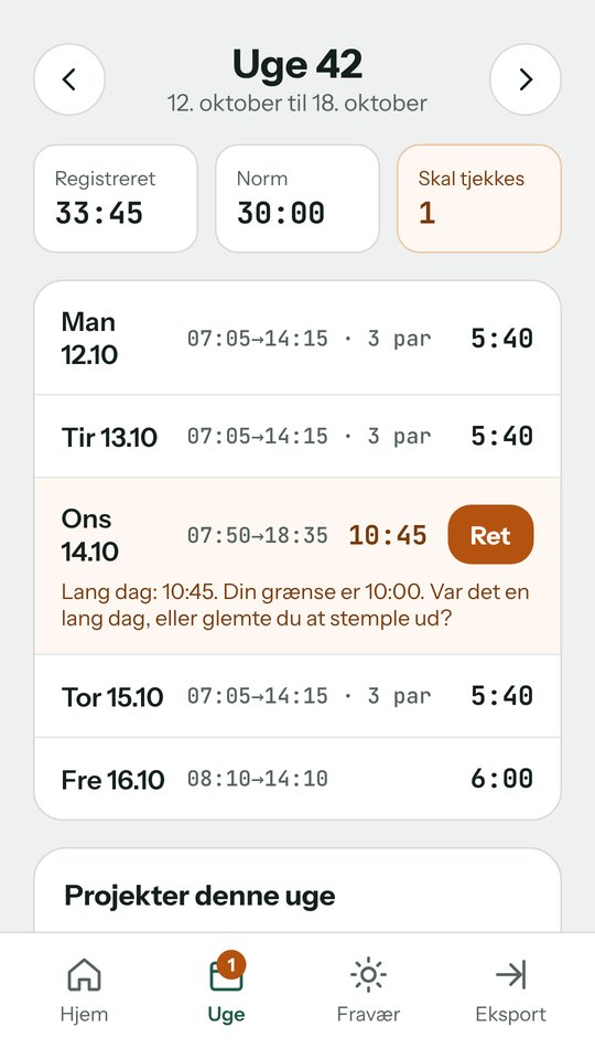 Ugen med tid pr. dag og en advarsel om en lang dag
